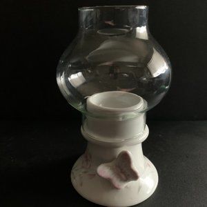 Vintage White Glass Butterfly Tea Light/Candle Holder w/Glass Lantern
